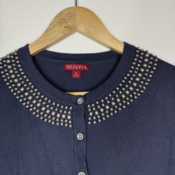 Merona Sweater Cardigans Blue & White Button Down Pearl Long Sleeve Womens Small - Picture 5 of 16
